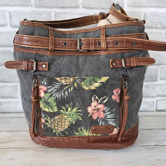 Vintage Mad Love Y2K Bag Tropical Canvas Leather Boho Distressed Grunge Purse - Picture 1 of 11